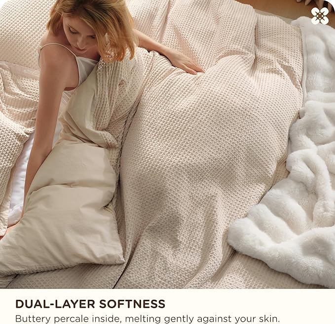 Bedsure Cotton Duvet Cover Set - 100% Cotton Waffle Weave Beige Duvet Cover Oversized Queen Size, GentleSoft™ and Breathable Bedding Set for All Season, 3 Pieces, 98"x98"