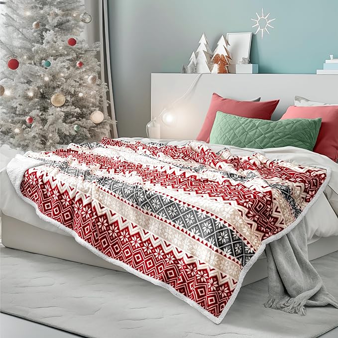 PAVILIA Premium Christmas Sherpa Throw Blanket | Christmas Decoration, Fleece, Plush, Warm, Cozy Reversible Microfiber Holiday Blanket 60x80