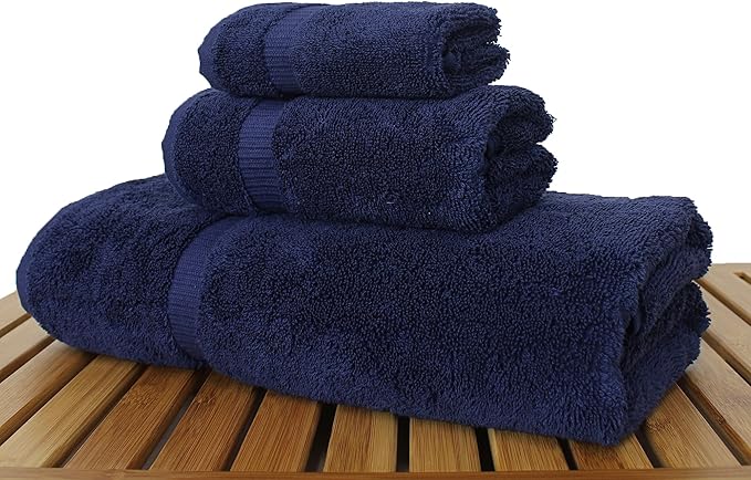 Luxury Hotel & Spa Quality Collection, Quick Dry 100% Turkish Cotton, 750+ GSM, Eco Friendly Towel Set, Bathroom and Kitchen Dobby Border Towels, Bath Towel, Hand Towel, Washcloths (3 Piece, Navy)