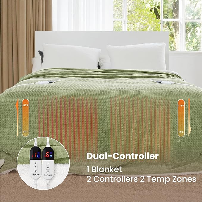 Heated Blanket Electric Blanket King Waffle, 90x100 Inches Dual Controllers Sherpa Fleece Fast Heating Blanket 6 Heating Levels & 10 Hours Auto Off ETL Certification, Sage King