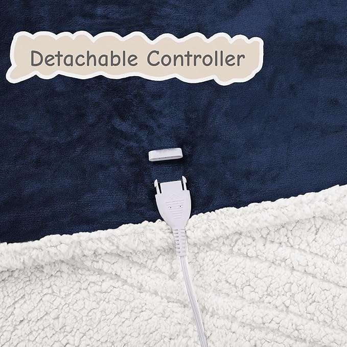 Electric Heated Blanket Queen Size 84"x90", Soft Flannel with Dual Controllers & Overheat Protection, 6 Adjustable Heat Settings & 10-Hour Auto-Off Timer, Fast Heating for Winter Comfort, Navy Blue