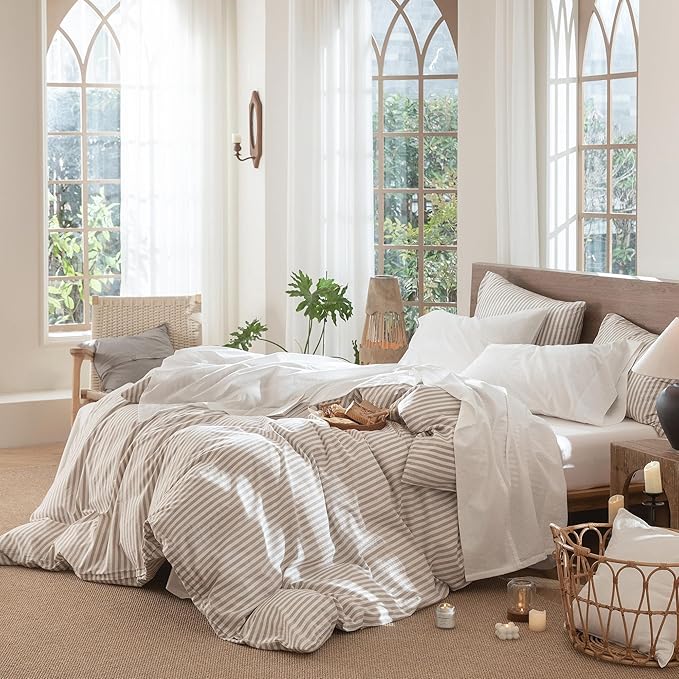 MooMee Bedding Sheet Set 100% Washed Cotton Linen Like Textured Breathable Durable Soft Comfy (Solid Off White, Twin)