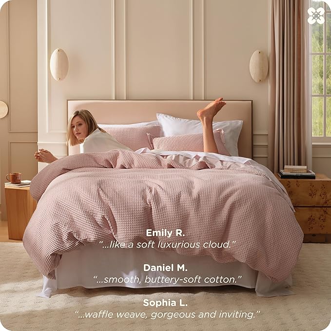 Bedsure Cotton Duvet Cover Queen - 100% Cotton Waffle Weave Pink Duvet Cover Queen Size, GentleSoft™ and Breathable Bedding Set for All Season, 3 Pieces, 90"x90"