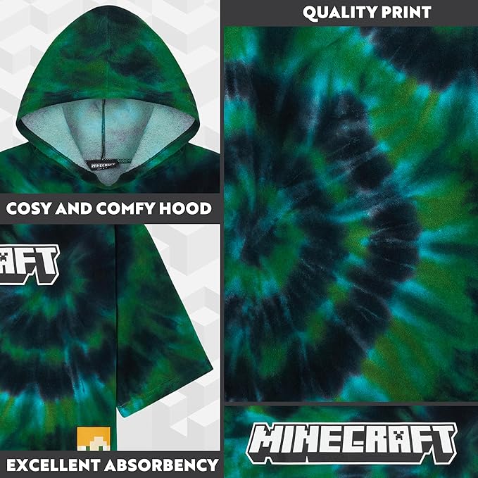 Minecraft Towelling Poncho Kids Teens Hooded Bath Towels Absorbent Beach Towel (Multi Tie Dye, 10-13 Years)