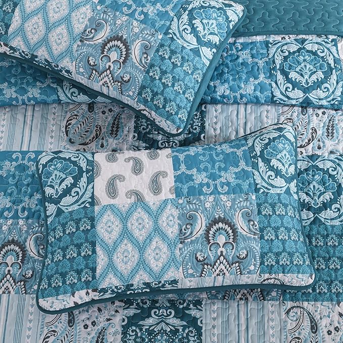 WONGS BEDDING Boho Quilt Set Queen Size,Teal Blue Plaid Patchwork Bedspread Bedding Set Soft Microfiber Quilt for Queen Bed Reversible 3 Pieces Coverlet Set for All Season (96"x90")