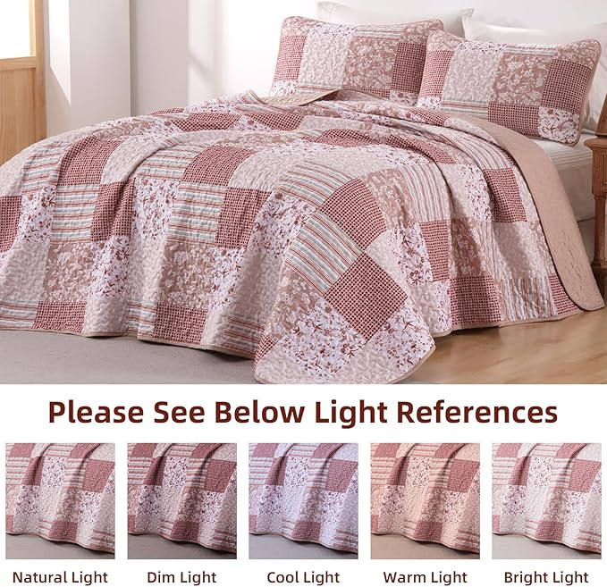 Mybedsoul Patchwork Quilt Set King Size, 3 Pieces Pink Floral Plaid Bedspread Coverlet Set, Reversible Soft Microfiber Bedding Set for All Season, Fall Winter King 90"x104"