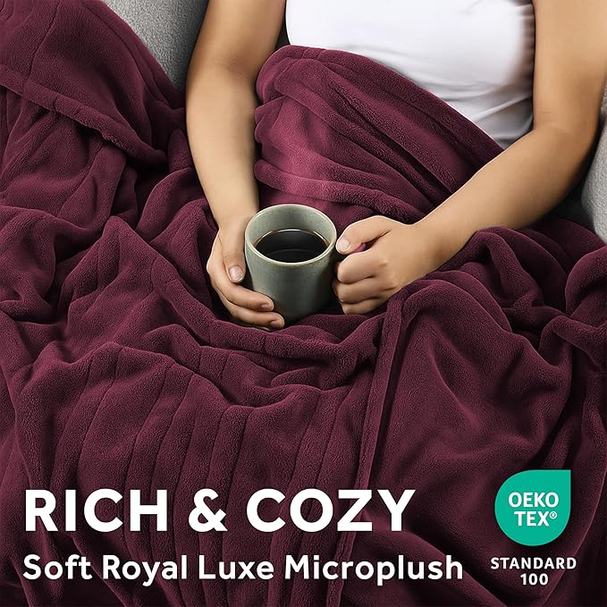 Sunbeam Electric Throw Royal Luxe Microplush Heated Blanket, 4 Heat Settings, 4-Hour Auto Shut-Off, Fast Heating, Warm and Cozy, Cabernet Red Color, 50" x 60"