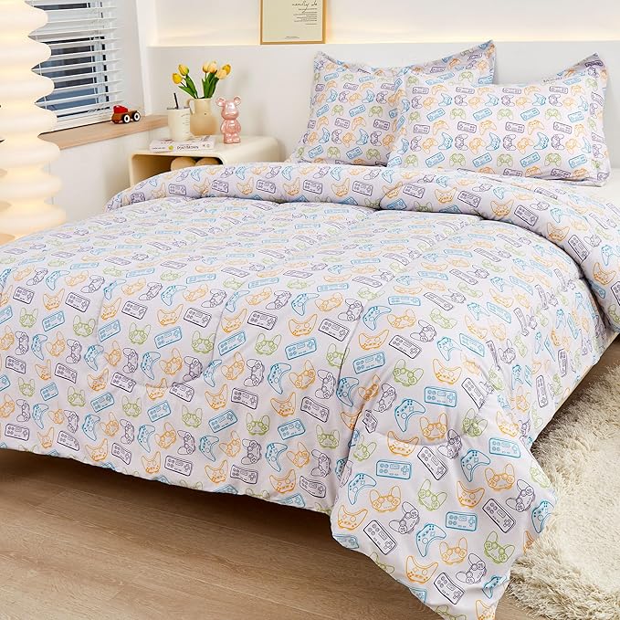 Viviland Kids Twin Bedding Sets for Boys, Soft Microfiber Twin Comforter Sets, Grey Game