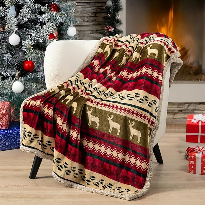 Pavilia Christmas Sherpa Blanket Throw Queen Bed - Red Flannel Fleece Christmas Decoration - Plush, Warm, Soft, Cozy Reversible Winter Holiday Blanket 90x90