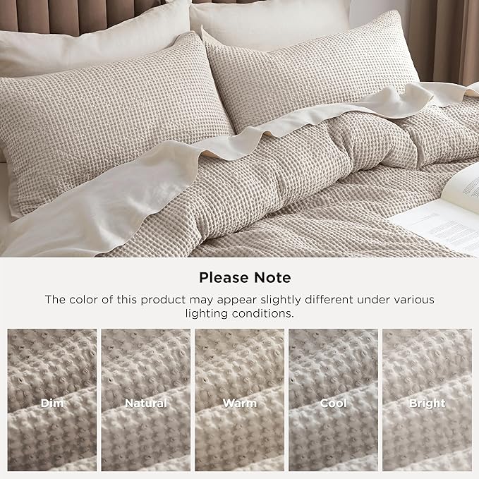 Bedsure 100% Cotton Duvet Cover King Size with Fitted Sheet - 4 Pieces Linen Color Waffle Weave Bedding Set, GentleSoft™ and Breathable, Includes 1 Duvet Cover 104x90, 1 Fitted Sheet, 2 Pillow Shams