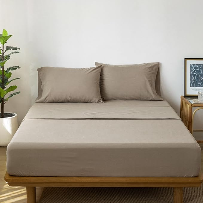 MooMee Bedding Sheet Set 100% Washed Cotton Linen Like Textured Breathable Durable Soft Comfy (Solid Mocha Brown, Full)