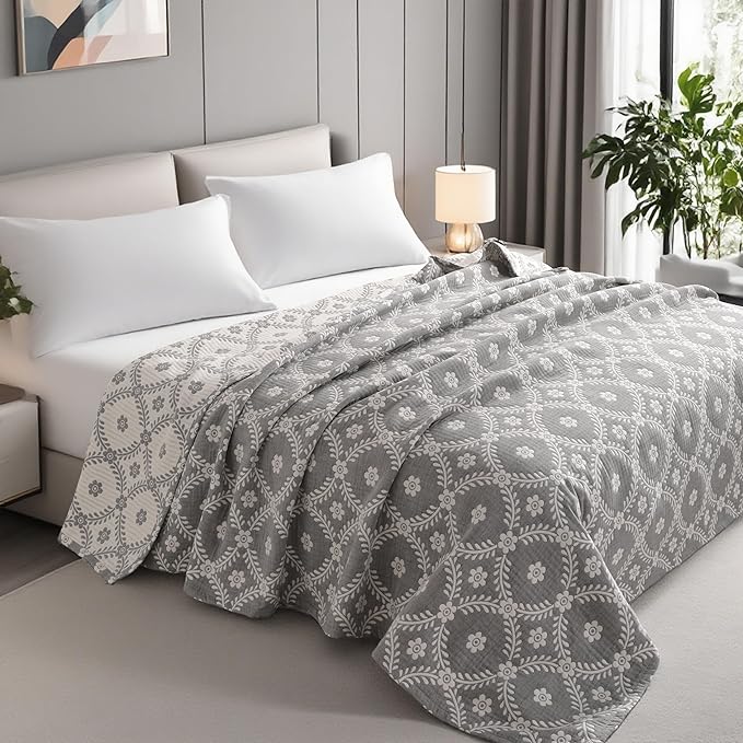 NTBAY 3 Layers Cotton Muslin 106x92 King Bed Blanket, Super Soft Breathable Thermal Yarn Dyed Quilt for Adults, Perfect Lightweight Blanket for Couch Sofa Bed All Seasons, Grey Garlands