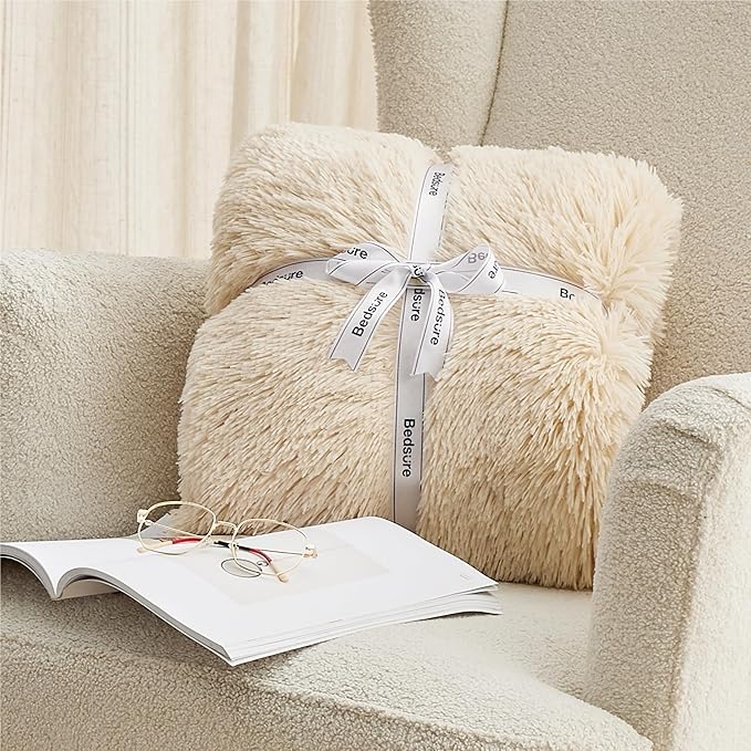 Bedsure GentleSoft Fuzzy Sherpa Faux Fur Blanket Beige Cozy Gifts for Women Men, Soft Fleece Plush Warm Minky Thick Blanket Twin Size for Couch, Room Decor Dorm Bed Essentials Beige Decor, 60x80