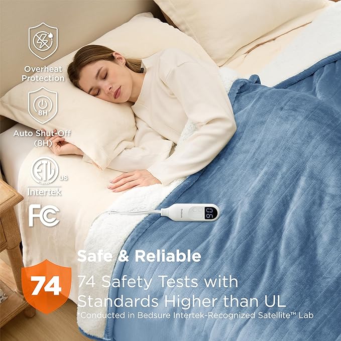 Bedsure Electric Blanket Twin - Soft Flannel Heated Blanket, Fast Heating with 10 Time Settings & 6 Heat Settings, Warm Gift for Grandma (62x84 inches, Blue)