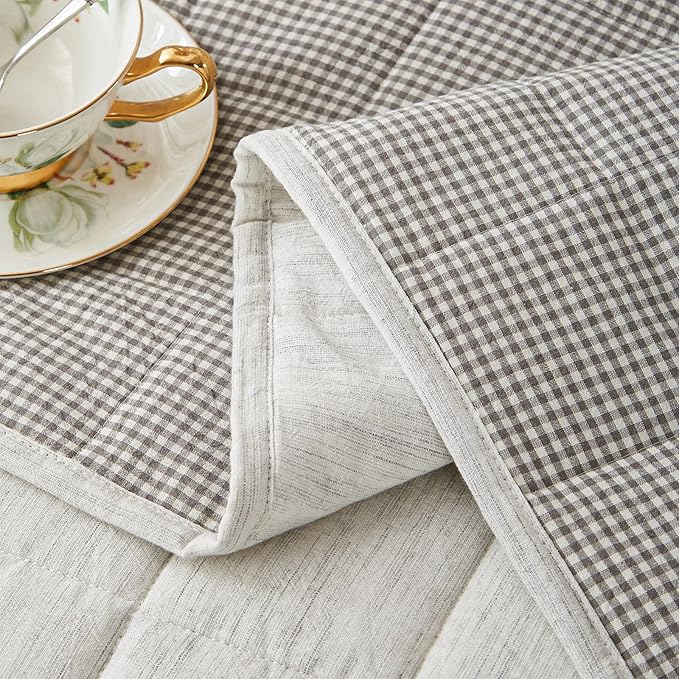White Twin Quilt， Cotton Linen Twin Quilt Bedding Set，2-Pieces Quilted with Grey Gingham Coverlet Light Weight Bedding comforters with 1 Pillow Sham