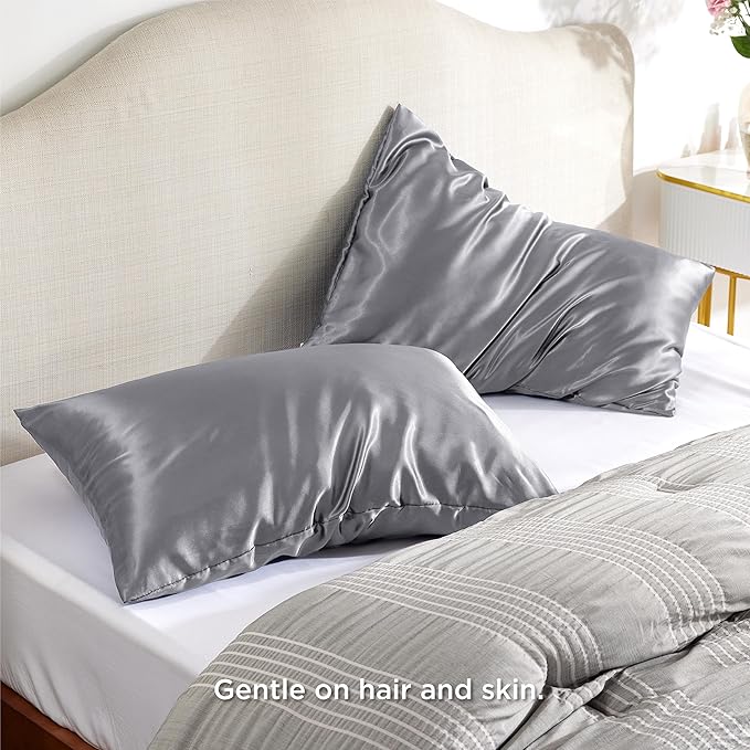 Bedsure Satin Pillowcase with Zipper, Similar to Silk Pillow Cases 2 Pack, Silky & Soft Satin Pillow Cases Standard Size for Hair and Skin, Dark Grey Pillow Covers, Gifts for Women Men, 20x26 Inches