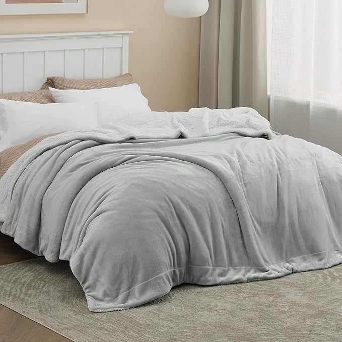 Bedsure GentleSoft Sherpa Fleece Blankets Queen Size for Bed - Thick and Warm Throw for Women and Men, Soft Fuzzy Plush Queen Blanket for Winter, Light Grey, 90x90 Inches