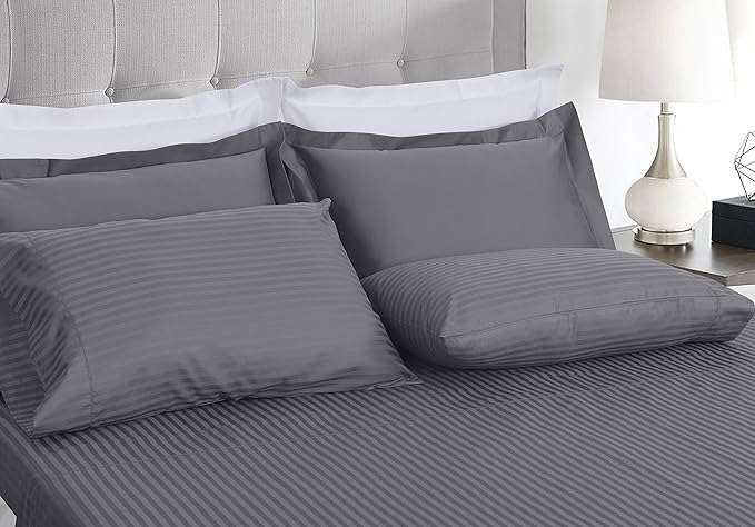 Threadmill 100% Cotton Sheets for Twin Size Bed - 600 Thread Count Twin Bed Sheets Set with 15” Deep Pocket - Damask Stripe Sateen Weave 3-Piece Bedding Set with Cooling Effect, Dark Grey