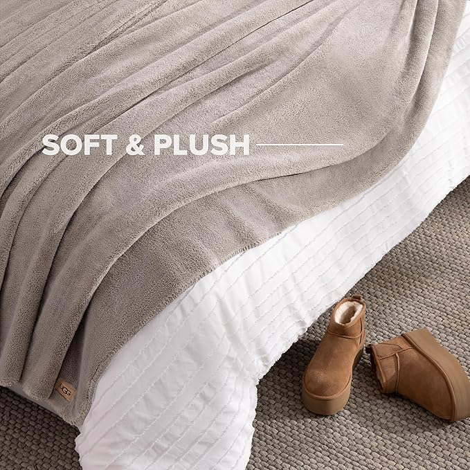 UGG Plush Full/Queen Blanket, Fleece Fluffy Blanket for Bed, Luxury Cozy Oversized Throw for Couch, Washable Hypoallergenic Bedding Queen Size, 90" x 90", Seal Grey (Whitecap)