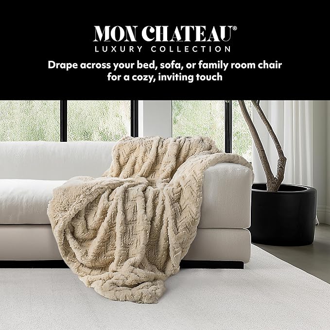 Mon Chateau 60" x 70" Crest Faux Fur Throw, Plush Luxury Blanket for Couch, Sofa, or Bed, Soft Reversible Throw Blanket for Sleeping, Home & Room Decor, Sandstone Jacquard