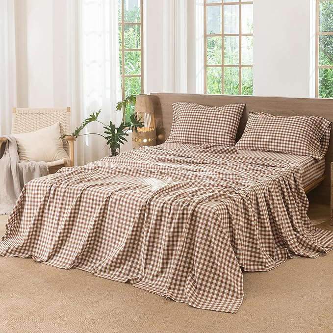 MooMee Gingham Sheet Set 100% Washed Cotton Linen Like Textured Breathable Soft w/ Fully Elasticized 16-19" Deep Pocket (Classic Gingham Dark Orange, Queen)