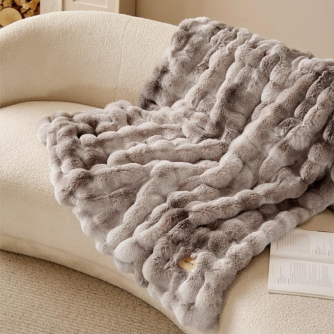 Bedsure GentleSoft Fluffy Faux Fur Blanket Twin Size, Fuzzy Soft Bubble Blanket for Couch, Faux Fur Decor for Bedroom Living Room, Thick Furry Cozy Gifts for Women, Tie-dye Brown, 60x80 Inch