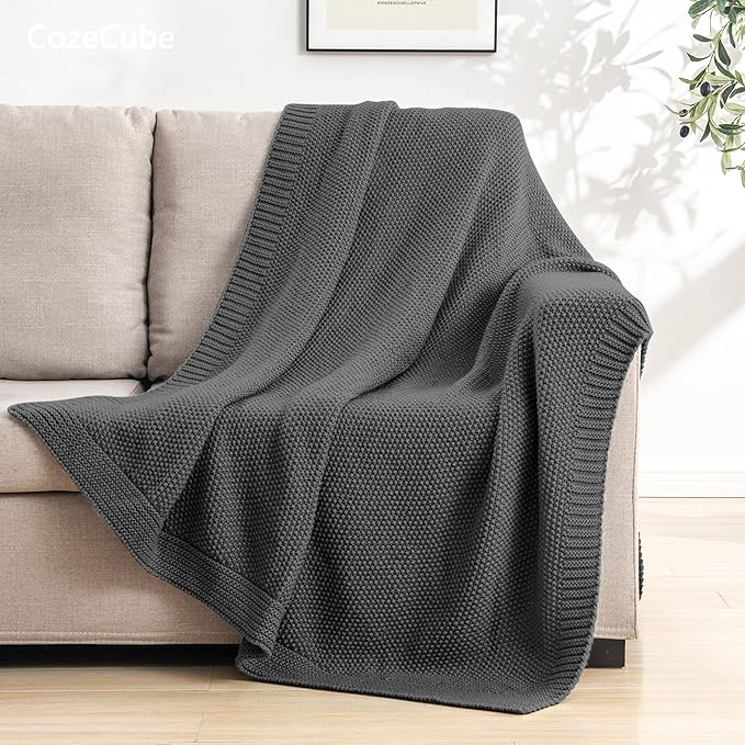 CozeCube Dark Grey Throw Blanket for Couch, Soft Cozy Cable Knit Throw for Bed Sofa Living Room, Lightweight Warm Decorative Farmhouse Christmas Blanket, 60"x80", Charcoal Grey