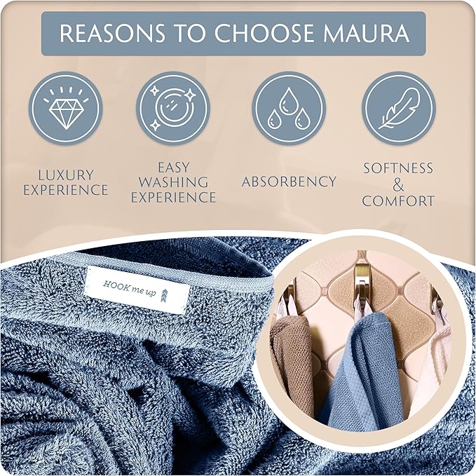 MAURA Basics Bath Towel Sets for Bathroom with Hanging Hook Loops. 2 Bath Towels, 2 Hand Towels, 2 Washcloths, Soft, Durable, Long Lasting and Absorbent Towels Set, Blue Gray