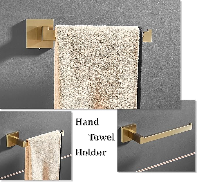 SHUNLI Gold Toilet Paper Holder + Hand Towel Holder, Brushed Gold Bathroom Accessories Hardware Set 2 Pieces, Wall Mounted Towel Ring Towel Bar, SUS304 Stainless Steel