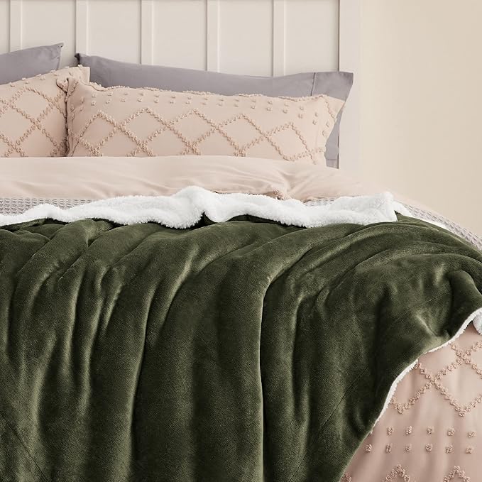 Bedsure GentleSoft Sherpa Fleece Blankets Queen Size for Bed - Thick and Warm Throw for Women and Men, Soft Fuzzy Plush Queen Blanket for Winter, Olive Green, 90x90 Inches