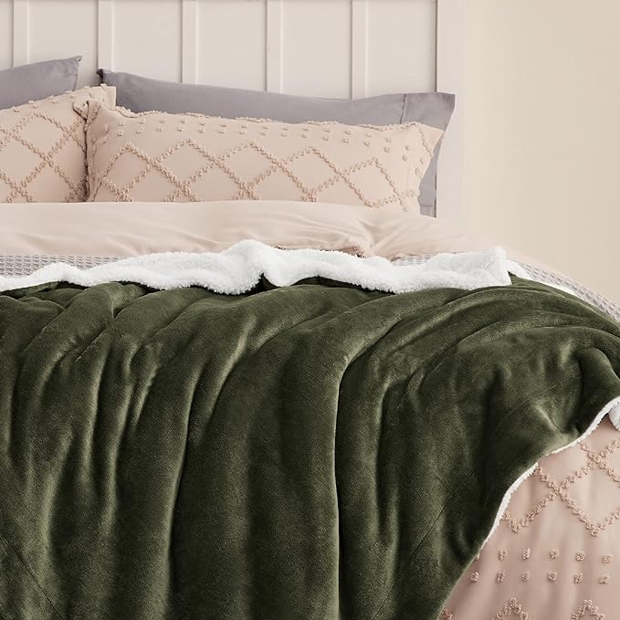 Bedsure GentleSoft Sherpa Fleece Blankets King Size for Bed - Thick and Warm Throw for Women and Men, Soft Fuzzy Plush King Blanket for Winter, Olive Green, 108x90 Inches