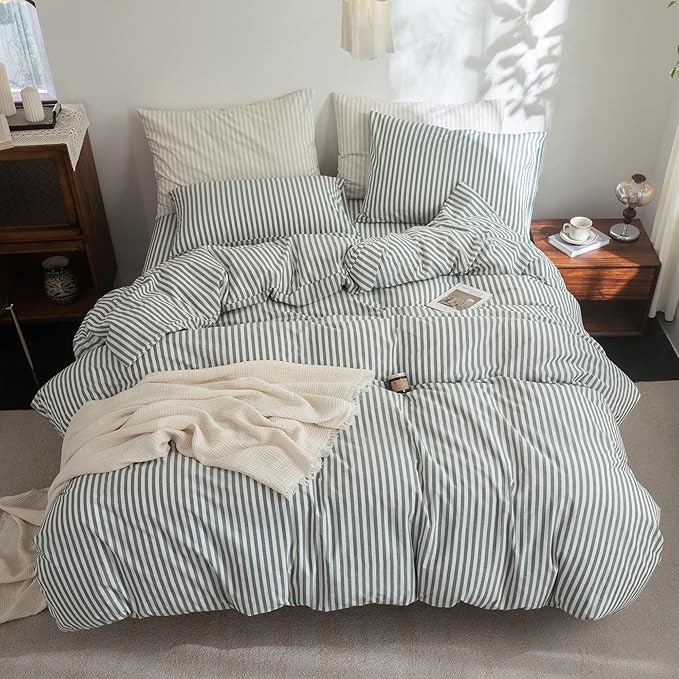 FOSSA Striped Duvet Cover Set 100% Washed Cotton Linen Feel Super Soft Breathable Cozy 3 Pieces Bedding Sets Heathered Green Classic Stripes Queen
