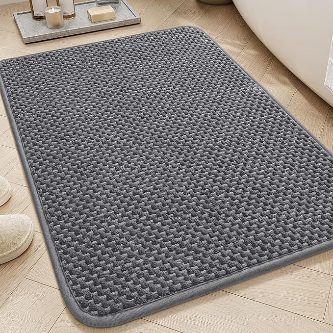 AMOAMI Chenille Bath Mat Super Absorbent Bathroom Mat Quick Dry Bath Mats for Bathroom Rubber Backed Bathroom Rugs Non Slip Washable Fit Under Door, Front of Bathtub, Sink, Darkgrey&LIGHTGREY 20"x32"