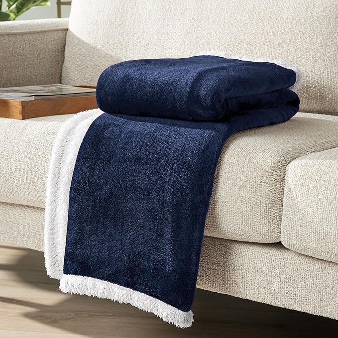PAVILIA Sherpa Fleece Throw Blanket for Couch, Twin Size, Navy Blue, Plush Soft Fuzzy Sofa Blanket, Cozy Reversible Winter Throw for Women Men, 60x80 Inches