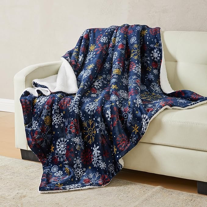 Fleece/Sherpa Christmas Throw - Super Soft Holiday Printed Blanket for Couch, Chair, or Bed - Cozy, Luxurious Plush - 50" x 60", New Snowflake
