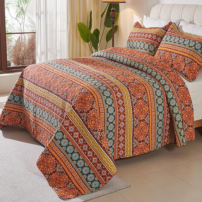 Cmfshape Orange Quilt Sets Bedspread Set 100% Cotton Boho Bedding Set, All Season Use Lightweight Reversible Coverlet Quilts with 2 Pillow Shams(King 106"x96")