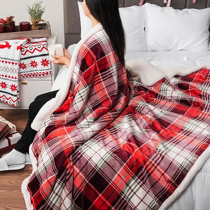 PAVILIA Christmas Plaid Blanket | Sherpa Fleece Flannel Throw Blanket | Christmas Plaid Warm Plush Microfiber Blanket for Couch Sofa | 50x60 Inches