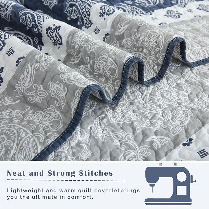 Quilt King Size, Cotton Comforter King Size,Navy Grey White Bedding Set, Farmhouse Striped Bedspread, Luxury Bed Set Bedroom for All Seasons 3 Piece