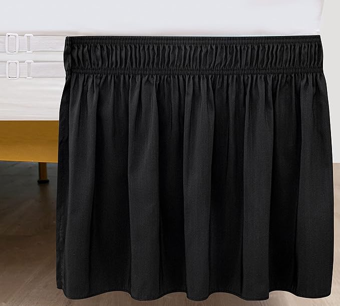 Biscaynebay Wrap Around Bed Skirts with Split Corners for Full Beds 18" Drop, Black Adjustable Elastic Dust Ruffles Easy Fit Wrinkle Resistant Silky Luxurious Fabric Machine Washable