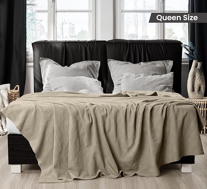 Utopia Bedding Khaki 100% Cotton Blanket [Queen Size - 90x90 Inch] 350GSM Lightweight, Soft and Breathable Thermal Blanket for All Seasons