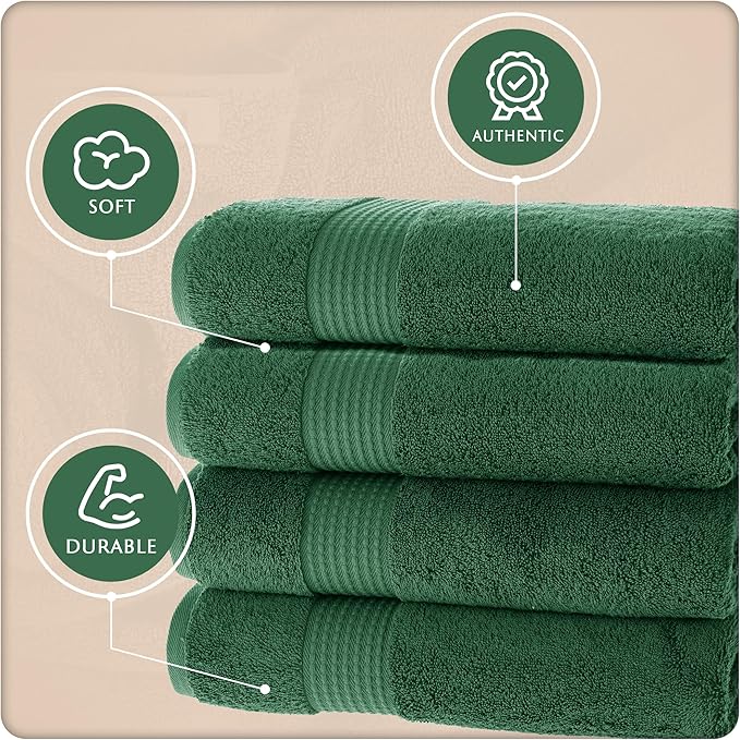 MAURA Basics Performance Bath Towels 100% Turkish Cotton with Hook Loops. Extra Large Luxury Absorbent Plush Towel Sets for Bathroom, Daily Use American Standard Size 27”x54”, Hunter Green