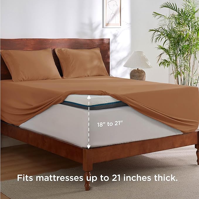 Bedsure Deep Pocket Queen Sheets Set - Fits Mattresses Up to 21 Inches Thick - 4 Piece GentleSoft Bed Sheets, Moisture Wicking, Soft & Cooling Bedsheet & Pillowcases, Easy & Secure Fit, Burnt Orange