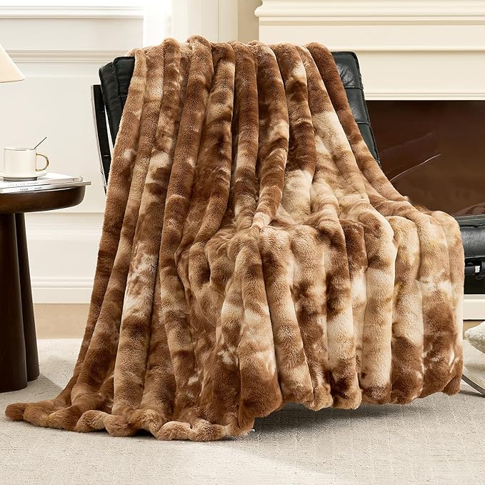 Cozy Bliss Faux Fur Throw Blanket for Couch, Fuzzy Soft Plush Thick Striped Blanket for Sofa Bedroom Living Room, 50 * 60 Inches Tie-dye Brown