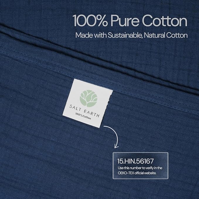 Salt Earth 100% Cotton Muslin Blanket, Gauze Blanket 80"X90" Queen, 4 Layered for Couch, Bed, Living Room,Lightweight & All Seasons Blankets & Throws, Easy to wash,Nature & Skin Friendly (Dress Blue)