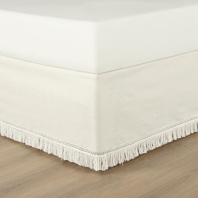 Lush Decor Boho Fringe 15-Inch Tailored Drop Easy Fit Bedskirt, King, Off-White