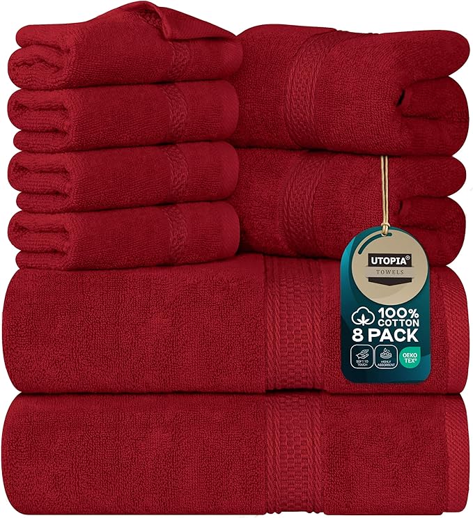Utopia Towels 8 Piece Premium Towel Set, 2 Bath, 2 Hand, and 4 Wash Cloths, 600 GSM 100% Ring Spun Cotton, Highly Absorbent Towels for Bathroom, Gym, Hotel, and Spa, Red