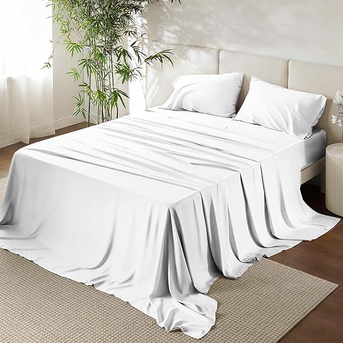 URBANHUT 100% Egyptian Cotton Full Size Sheet Set - 1000 Thread Count, Luxury Bedsheets for Full Size Bed, Long Staple, 16 Inches Deep Pocket, Super Soft Breathable, Sateen Weave Sheets, 4 Pc White