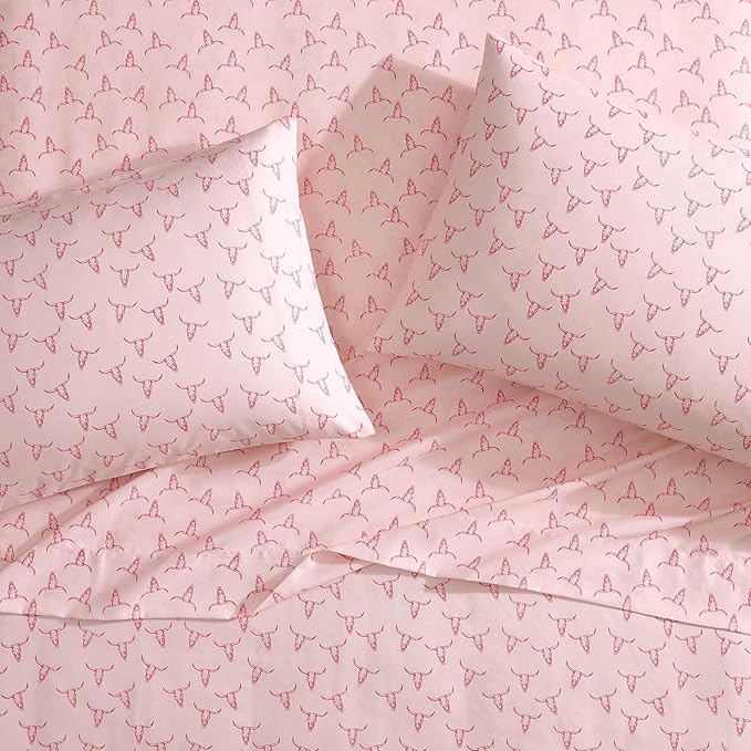 Wrangler - Twin XL Bed Sheets, Breathable & Wrinkle Resistant Bedding with Matching Pillowcase, Lightweight for Year-Round Use, Dorm Essentials (Steer Skulls Pink)