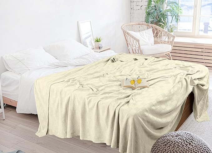 Utopia Bedding Ivory 100% Cotton Blanket [King Size - 90x108 Inch] 350GSM Lightweight, Soft and Breathable Thermal Blanket for All Seasons