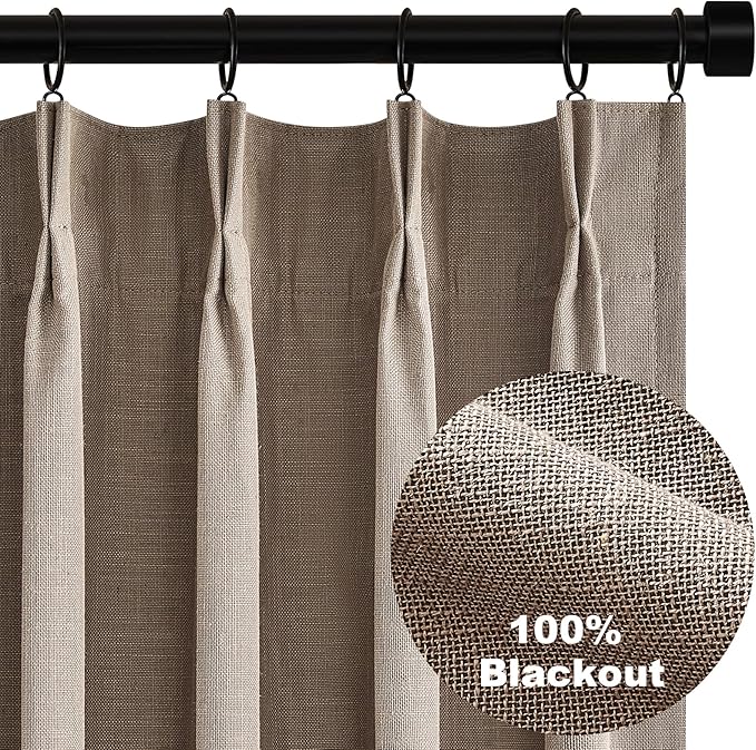 Topfinel Extra Long Total Blackout Linen Curtains 108 Inches Long for Living Room Large Window with Hooks Rings, Pinch Pleated Cold Blocking Acoustic Heavy Taupe Track Curtains 2 Panels 9 FT